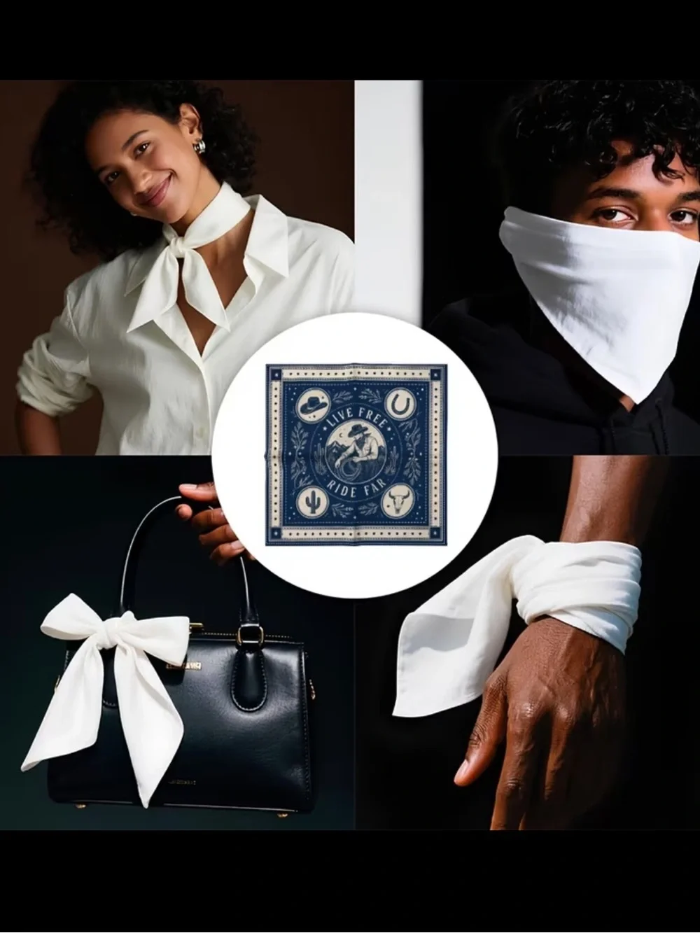 Live Free Ride Far Western Bandana - Navy & Cream